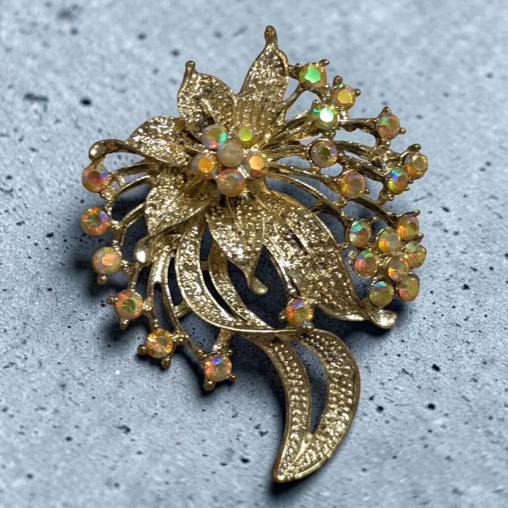 Lot of 2 Rhinestone Floral Brooches, Gold Tone & Black, Statement Flower Pins